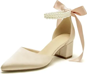Women's Closed Toe Wedding Shoes Chunky Block Heels with Pearls Satin Pumps Ankle Strap Prom Evening Party Shoes