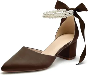 Women's Closed Toe Wedding Shoes Chunky Block Heels with Pearls Satin Pumps Ankle Strap Prom Evening Party Shoes