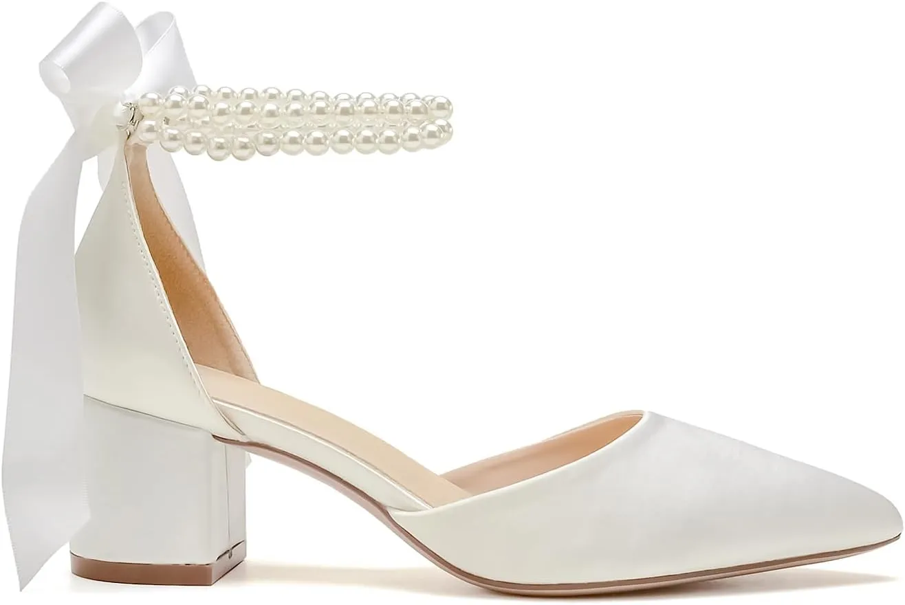 Women's Closed Toe Wedding Shoes Chunky Block Heels with Pearls Satin Pumps Ankle Strap Prom Evening Party Shoes