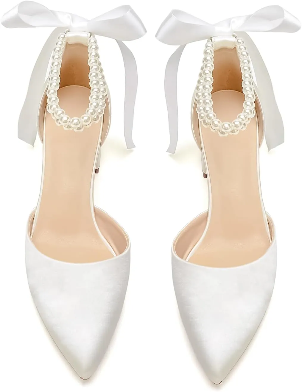 Women's Closed Toe Wedding Shoes Chunky Block Heels with Pearls Satin Pumps Ankle Strap Prom Evening Party Shoes