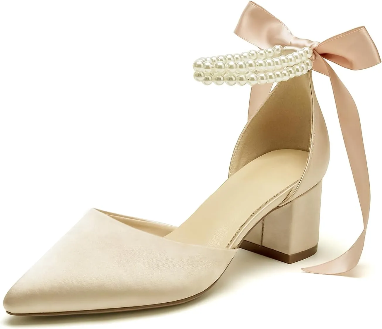 Women's Closed Toe Wedding Shoes Chunky Block Heels with Pearls Satin Pumps Ankle Strap Prom Evening Party Shoes