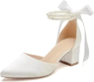 Women's Closed Toe Wedding Shoes Chunky Block Heels with Pearls Satin Pumps Ankle Strap Prom Evening Party Shoes