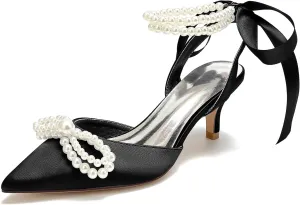 Women's Closed Toe Wedding Shoes Pearls Low Heel Slingback Kitten Heels Pointed Toe Bow Pumps High Heeled Prom Dress Shoes Sandals