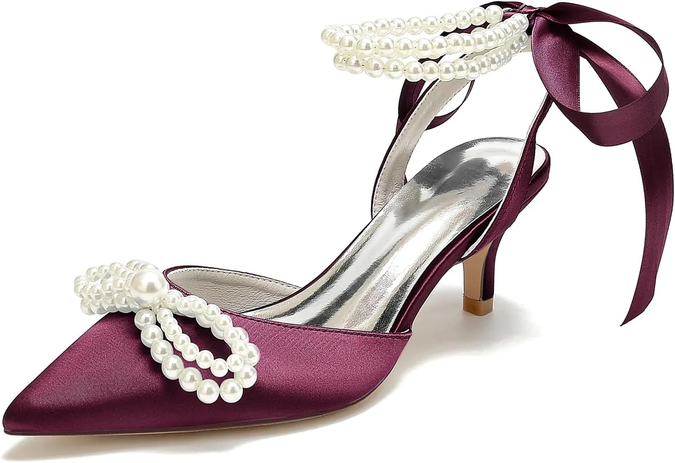 Women's Closed Toe Wedding Shoes Pearls Low Heel Slingback Kitten Heels Pointed Toe Bow Pumps High Heeled Prom Dress Shoes Sandals