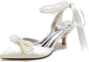 Women's Closed Toe Wedding Shoes Pearls Low Heel Slingback Kitten Heels Pointed Toe Bow Pumps High Heeled Prom Dress Shoes Sandals