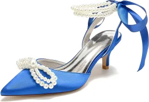 Women's Closed Toe Wedding Shoes Pearls Low Heel Slingback Kitten Heels Pointed Toe Bow Pumps High Heeled Prom Dress Shoes Sandals
