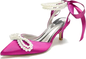 Women's Closed Toe Wedding Shoes Pearls Low Heel Slingback Kitten Heels Pointed Toe Bow Pumps High Heeled Prom Dress Shoes Sandals