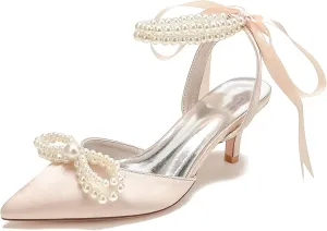 Women's Closed Toe Wedding Shoes Pearls Low Heel Slingback Kitten Heels Pointed Toe Bow Pumps High Heeled Prom Dress Shoes Sandals