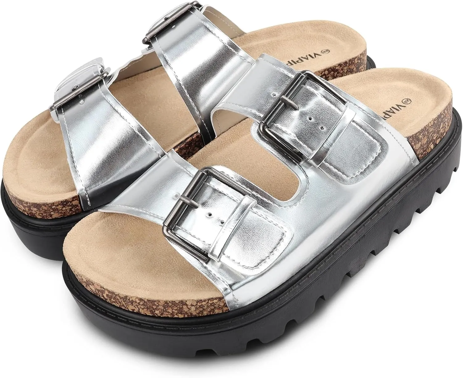 Women's Cork Platform Sandals Women with Adjustable Buckle, Black Platform Sandals Open-Toe Summer Slides for Women, Ultra-Comfortable Walking Shoes Lightweight Chunky Sandals