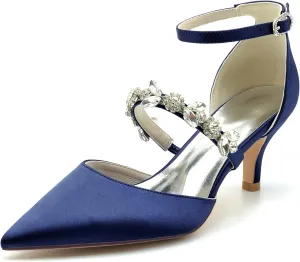 Womens Crystal Pumps Low Kitten Heel Satin Ankle Strap High Heels Pointed Toe Wedding Pumps Party Dress Shoes