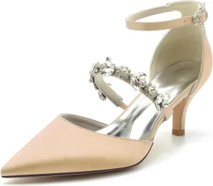Womens Crystal Pumps Low Kitten Heel Satin Ankle Strap High Heels Pointed Toe Wedding Pumps Party Dress Shoes