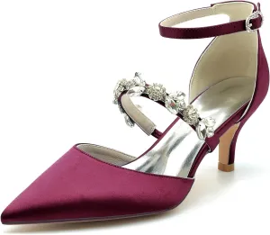 Womens Crystal Pumps Low Kitten Heel Satin Ankle Strap High Heels Pointed Toe Wedding Pumps Party Dress Shoes