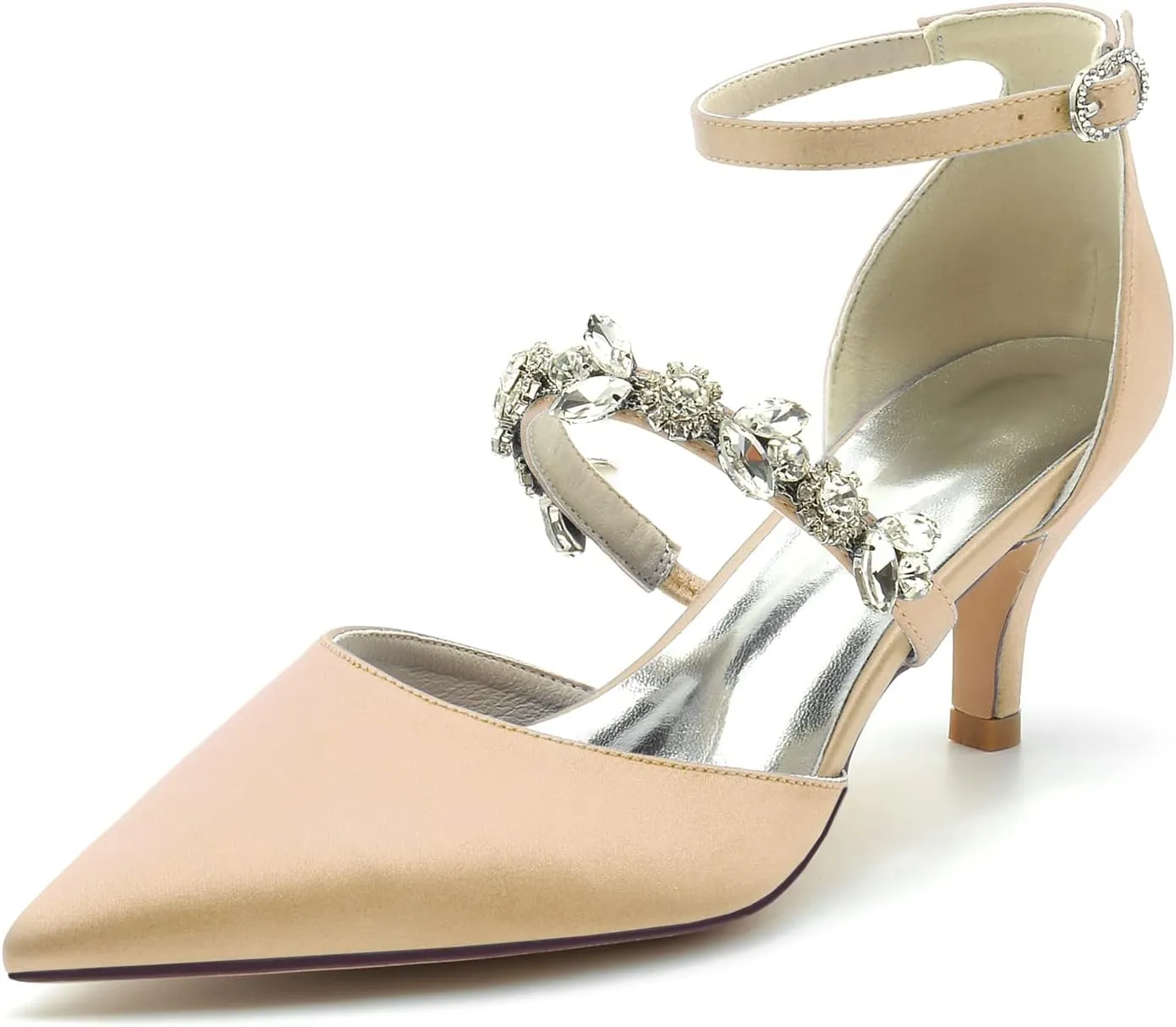 Womens Crystal Pumps Low Kitten Heel Satin Ankle Strap High Heels Pointed Toe Wedding Pumps Party Dress Shoes