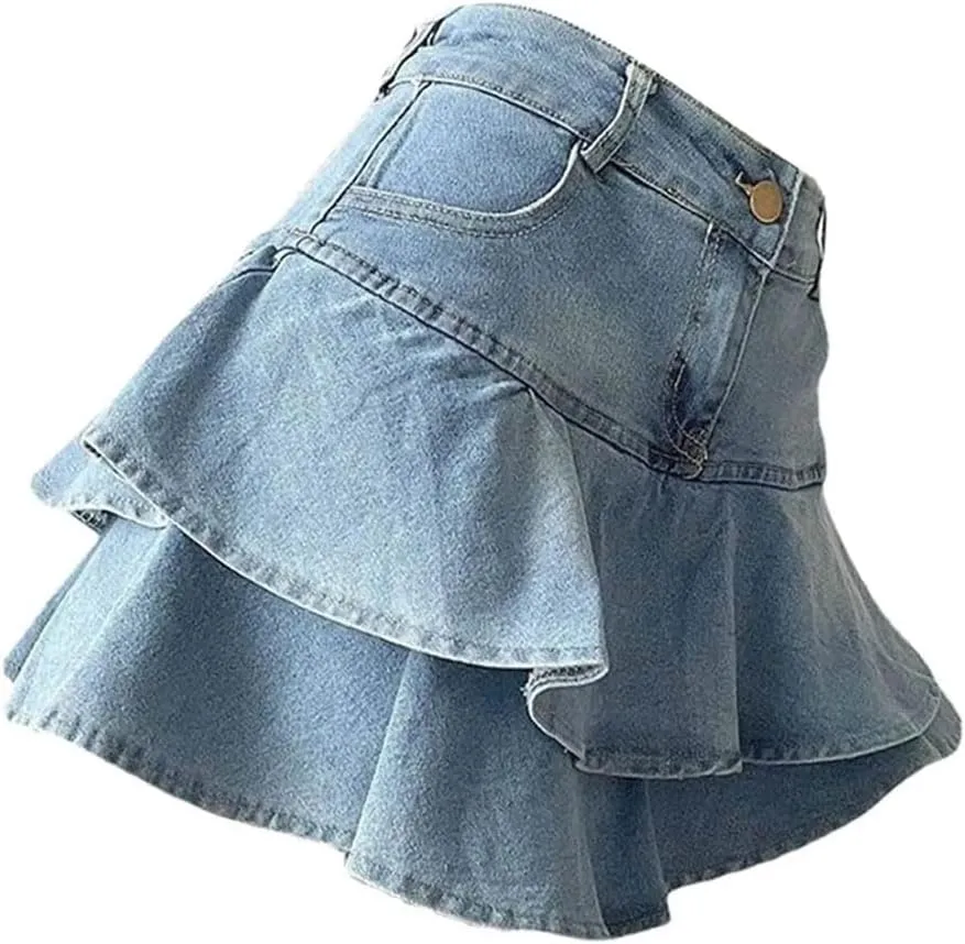 Women's Denim Skirts Patchwork Pockets Pleated A-Line Short Miniskirt Anti-Slip Double Ruffles Denim Skirt