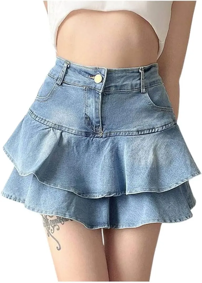 Women's Denim Skirts Patchwork Pockets Pleated A-Line Short Miniskirt Anti-Slip Double Ruffles Denim Skirt