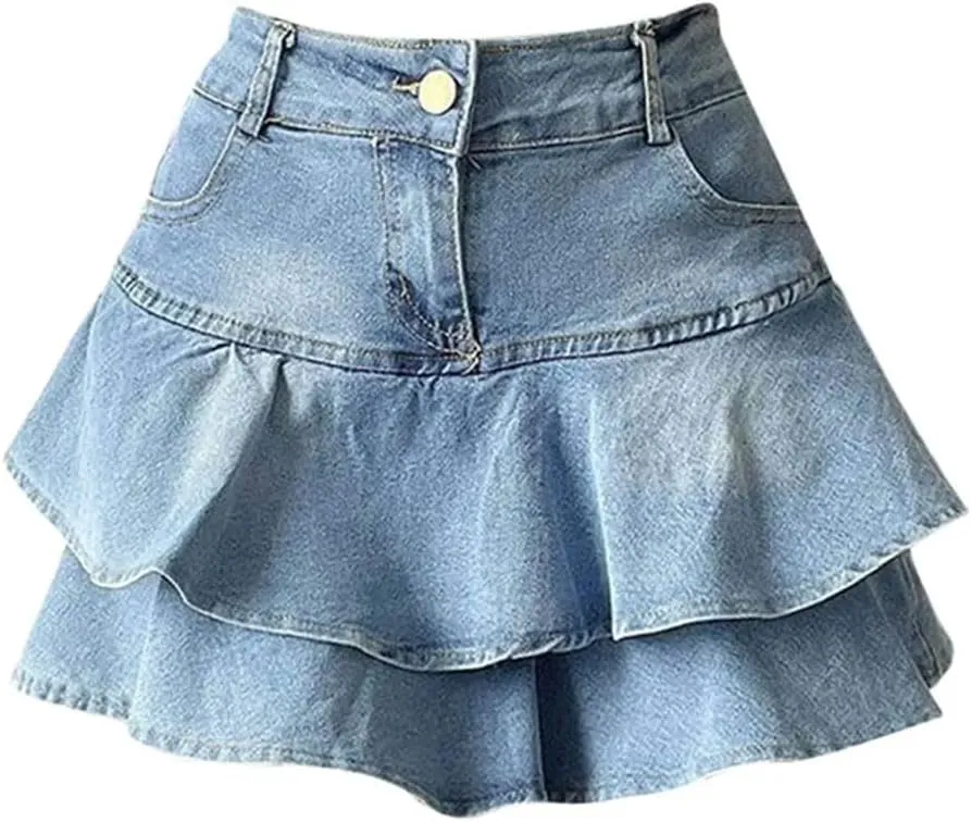 Women's Denim Skirts Patchwork Pockets Pleated A-Line Short Miniskirt Anti-Slip Double Ruffles Denim Skirt