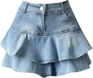 Women's Denim Skirts Patchwork Pockets Pleated A-Line Short Miniskirt Anti-Slip Double Ruffles Denim Skirt