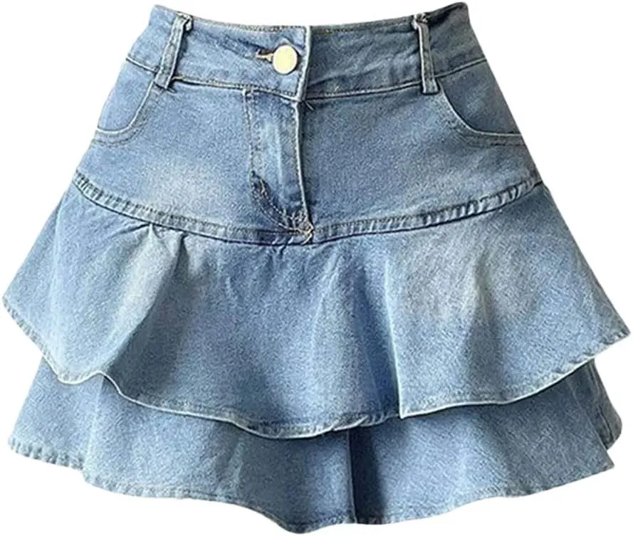 Women's Denim Skirts Patchwork Pockets Pleated A-Line Short Miniskirt Anti-Slip Double Ruffles Denim Skirt