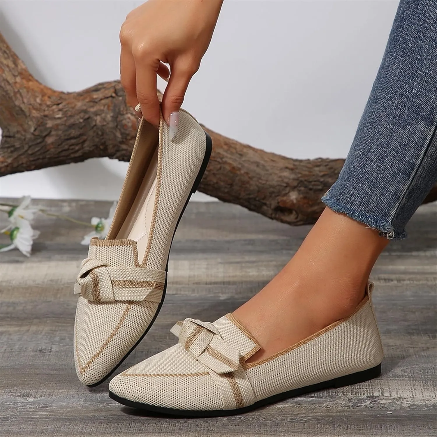 Women's Fashion Pointed-Toe Mesh Slip On Flats Dress Shoes Comfort Breathable Bow Soft Knit Ligntweight Ballets for Party Office Business Casual