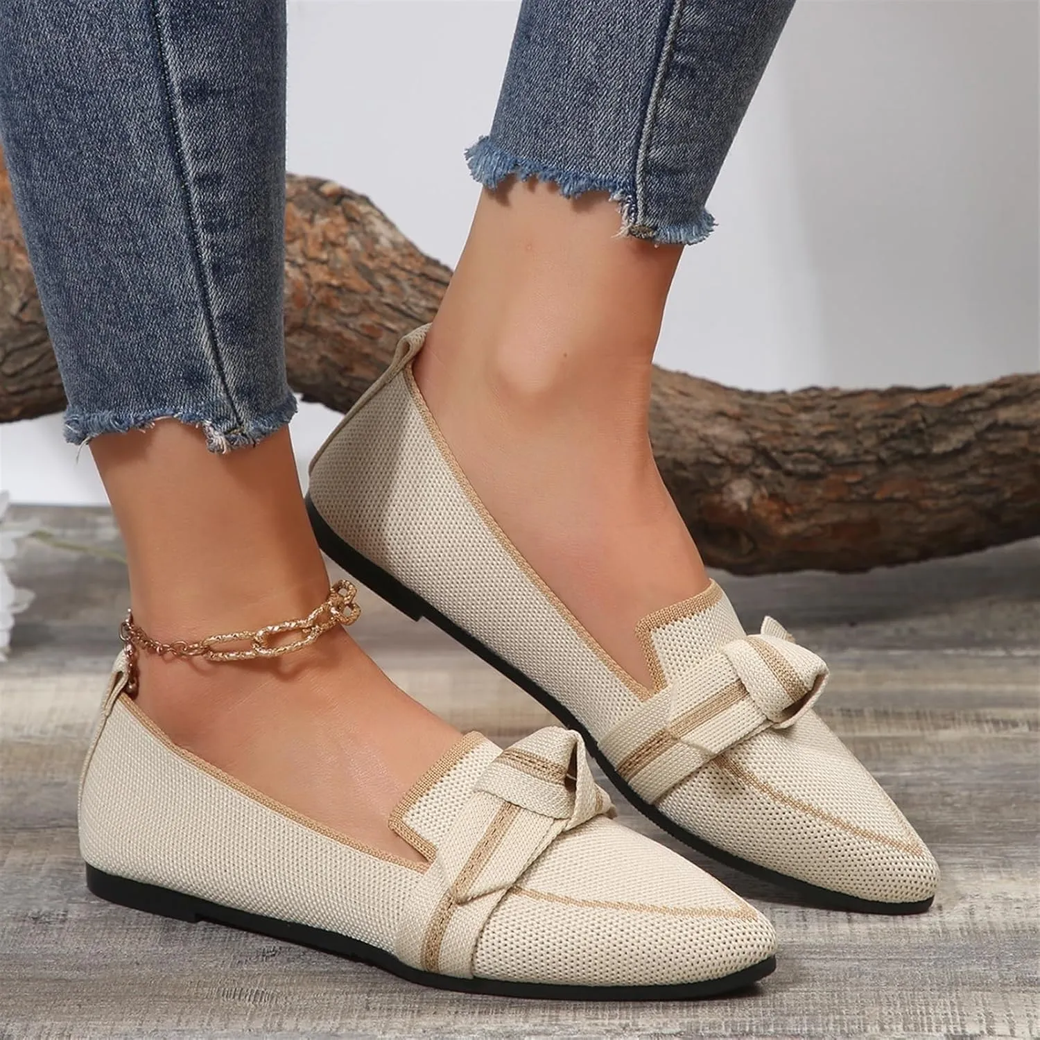 Women's Fashion Pointed-Toe Mesh Slip On Flats Dress Shoes Comfort Breathable Bow Soft Knit Ligntweight Ballets for Party Office Business Casual