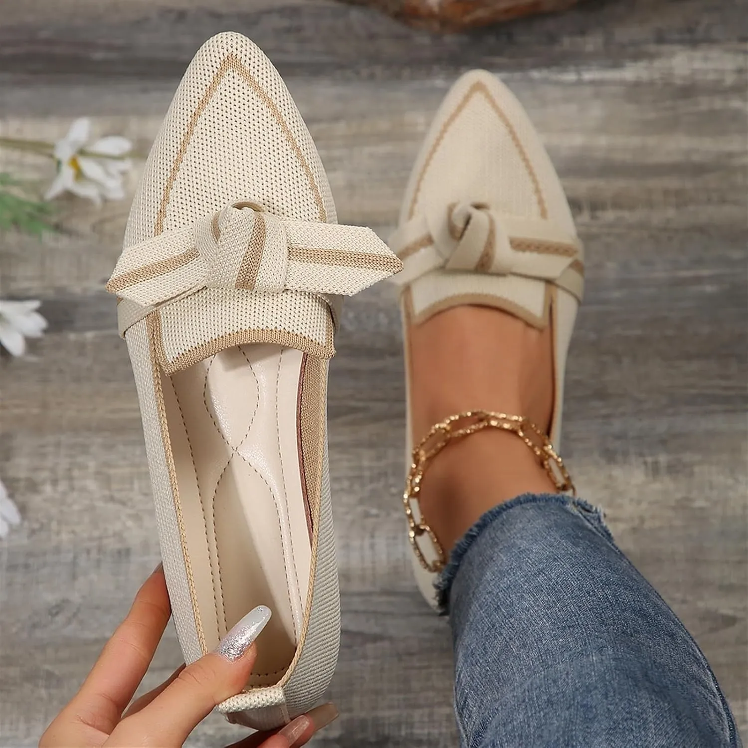 Women's Fashion Pointed-Toe Mesh Slip On Flats Dress Shoes Comfort Breathable Bow Soft Knit Ligntweight Ballets for Party Office Business Casual