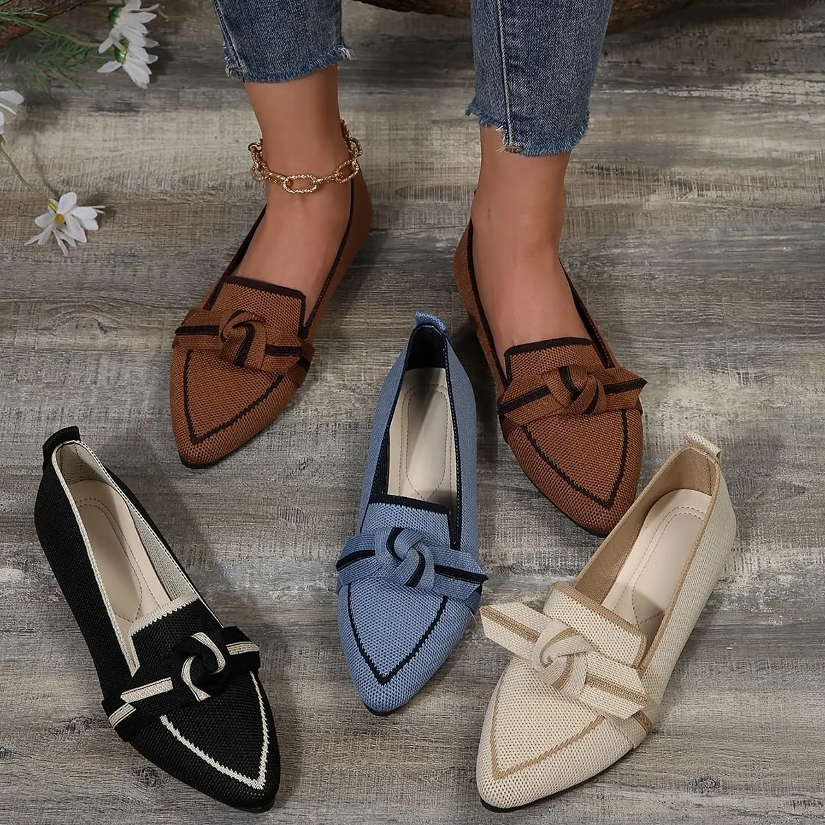 Women's Fashion Pointed-Toe Mesh Slip On Flats Dress Shoes Comfort Breathable Bow Soft Knit Ligntweight Ballets for Party Office Business Casual