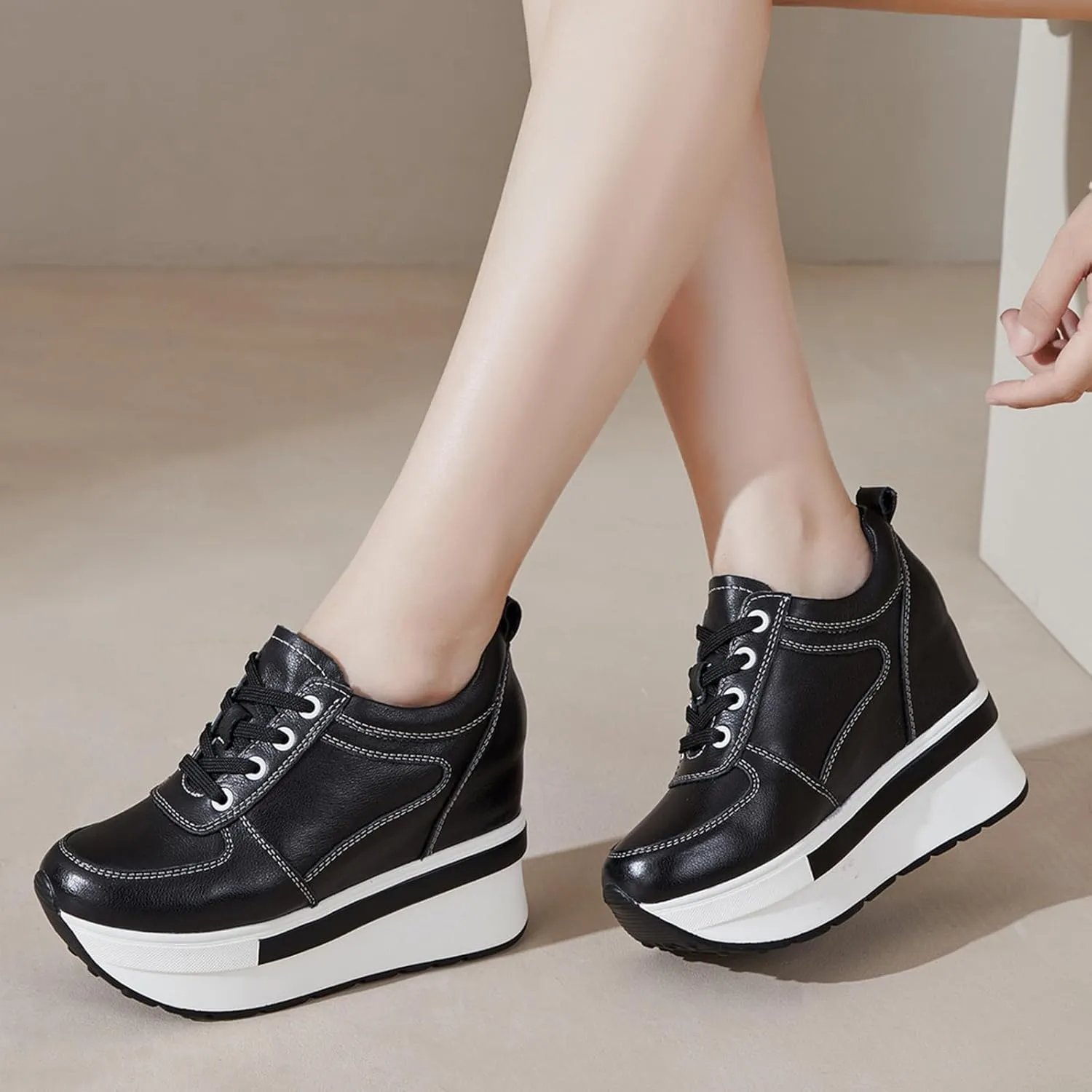Women's Genuine Leather Wedges Sneakers Fashion Platform Lace Up Internal Height Increase Rocking Walking Shoes High Heel Wedge Sneakers for Women