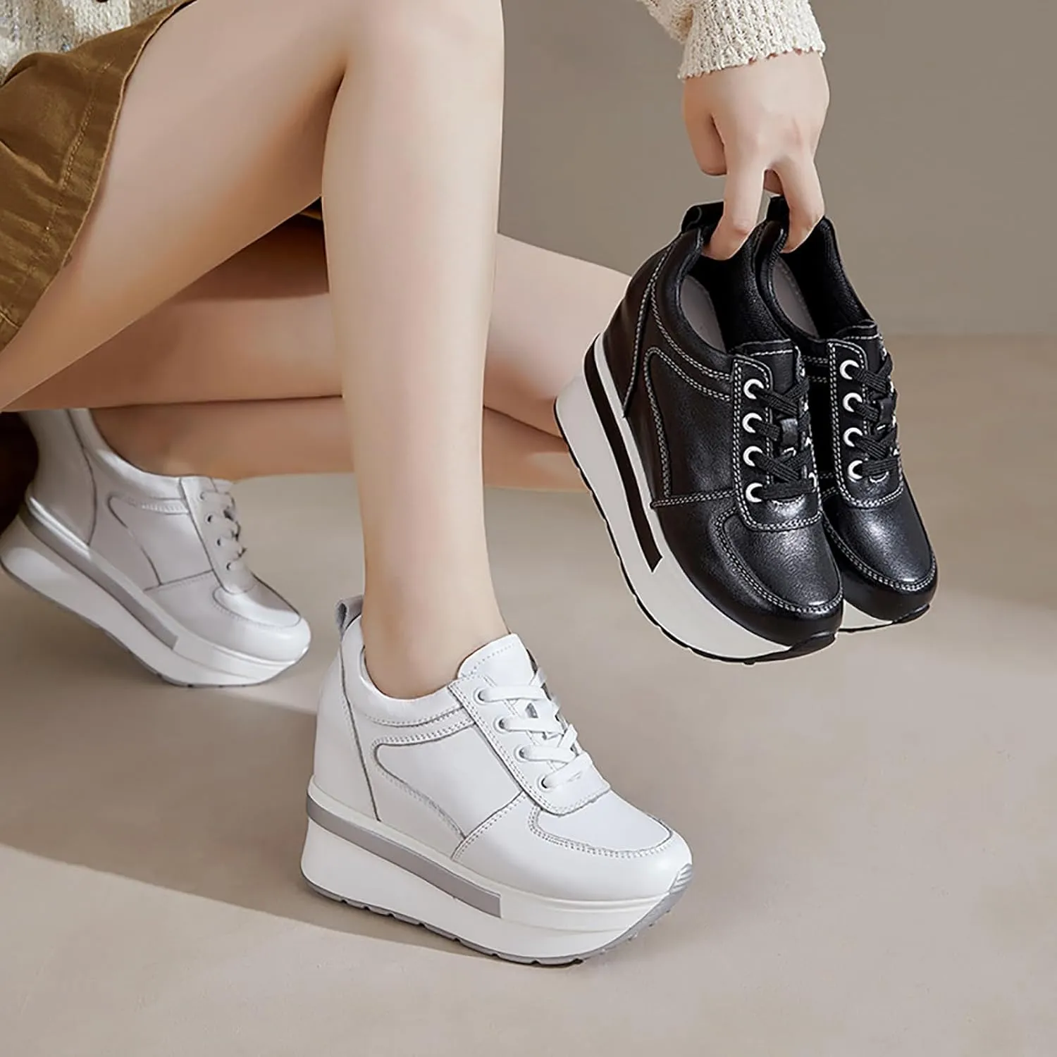 Women's Genuine Leather Wedges Sneakers Fashion Platform Lace Up Internal Height Increase Rocking Walking Shoes High Heel Wedge Sneakers for Women