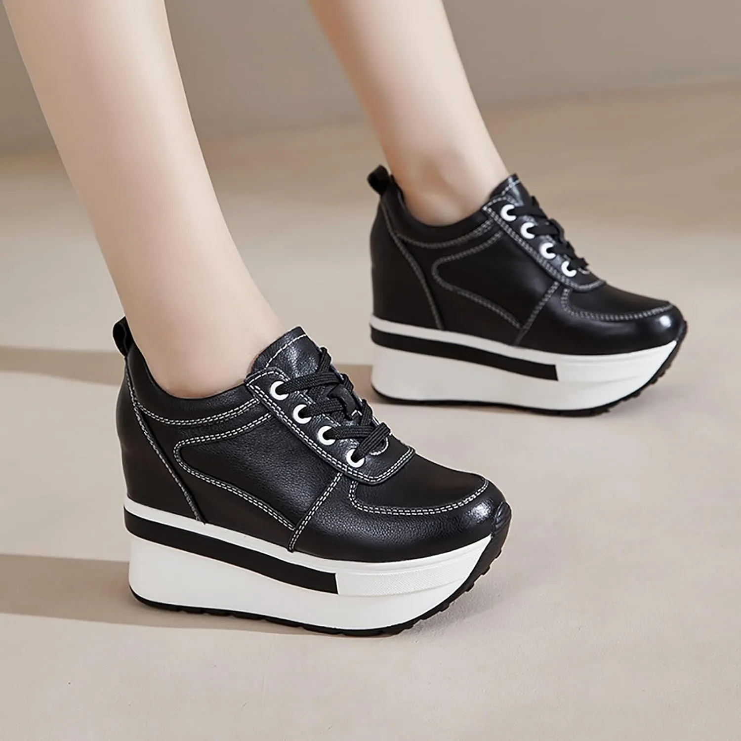Women's Genuine Leather Wedges Sneakers Fashion Platform Lace Up Internal Height Increase Rocking Walking Shoes High Heel Wedge Sneakers for Women