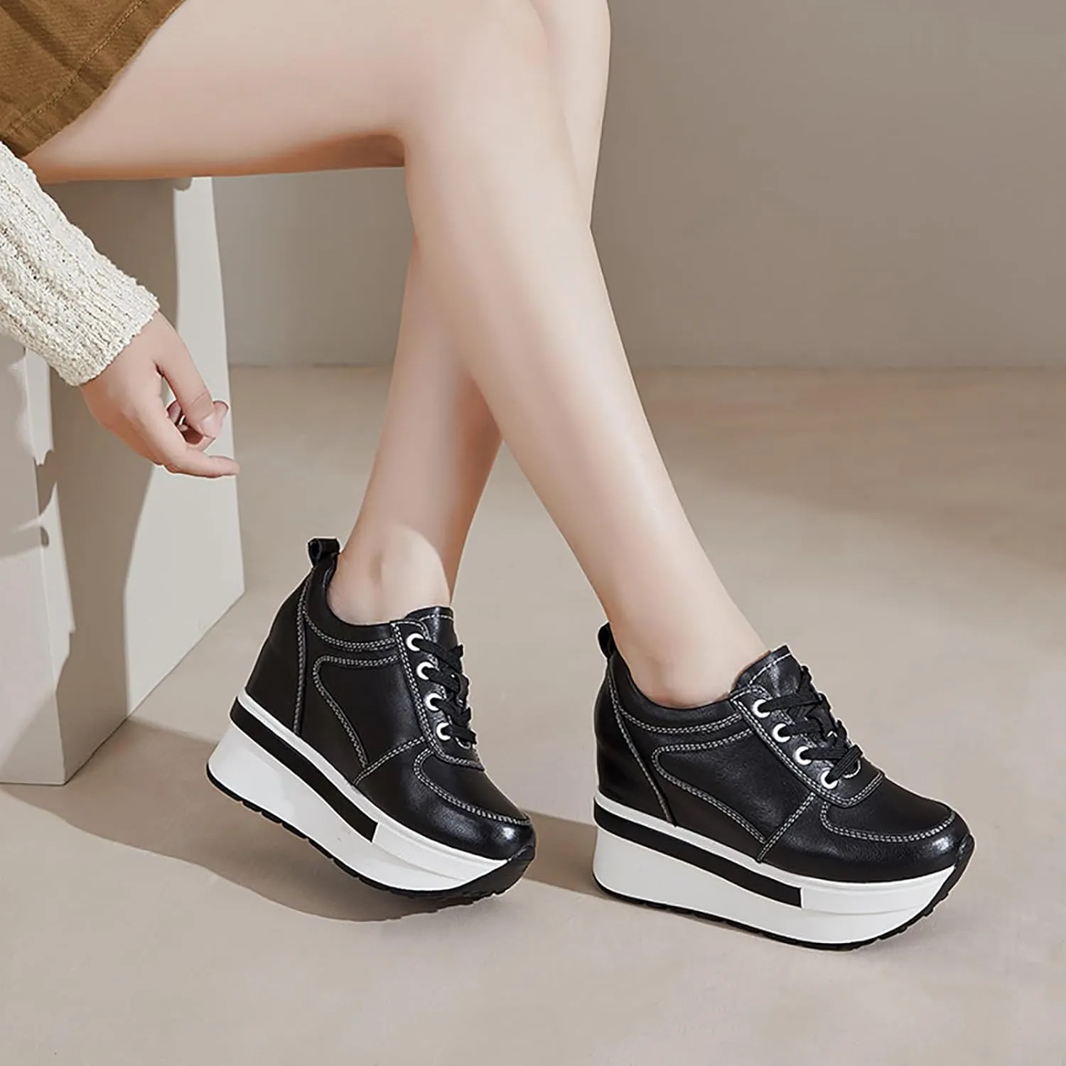 Women's Genuine Leather Wedges Sneakers Fashion Platform Lace Up Internal Height Increase Rocking Walking Shoes High Heel Wedge Sneakers for Women
