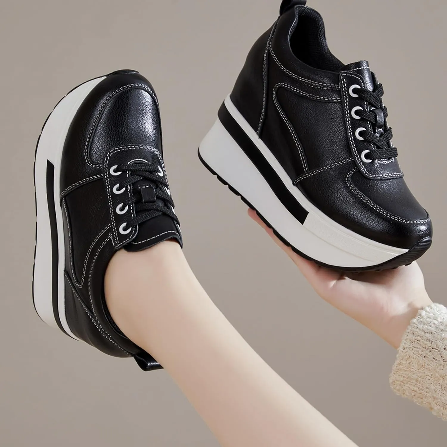 Women's Genuine Leather Wedges Sneakers Fashion Platform Lace Up Internal Height Increase Rocking Walking Shoes High Heel Wedge Sneakers for Women