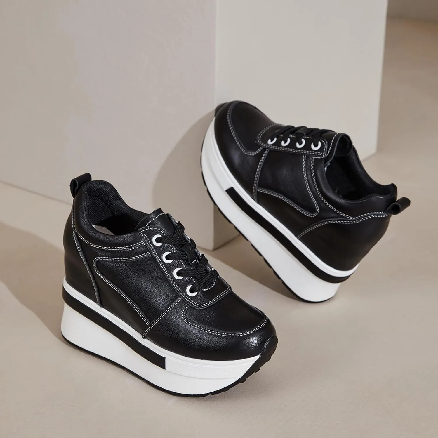 Women's Genuine Leather Wedges Sneakers Fashion Platform Lace Up Internal Height Increase Rocking Walking Shoes High Heel Wedge Sneakers for Women