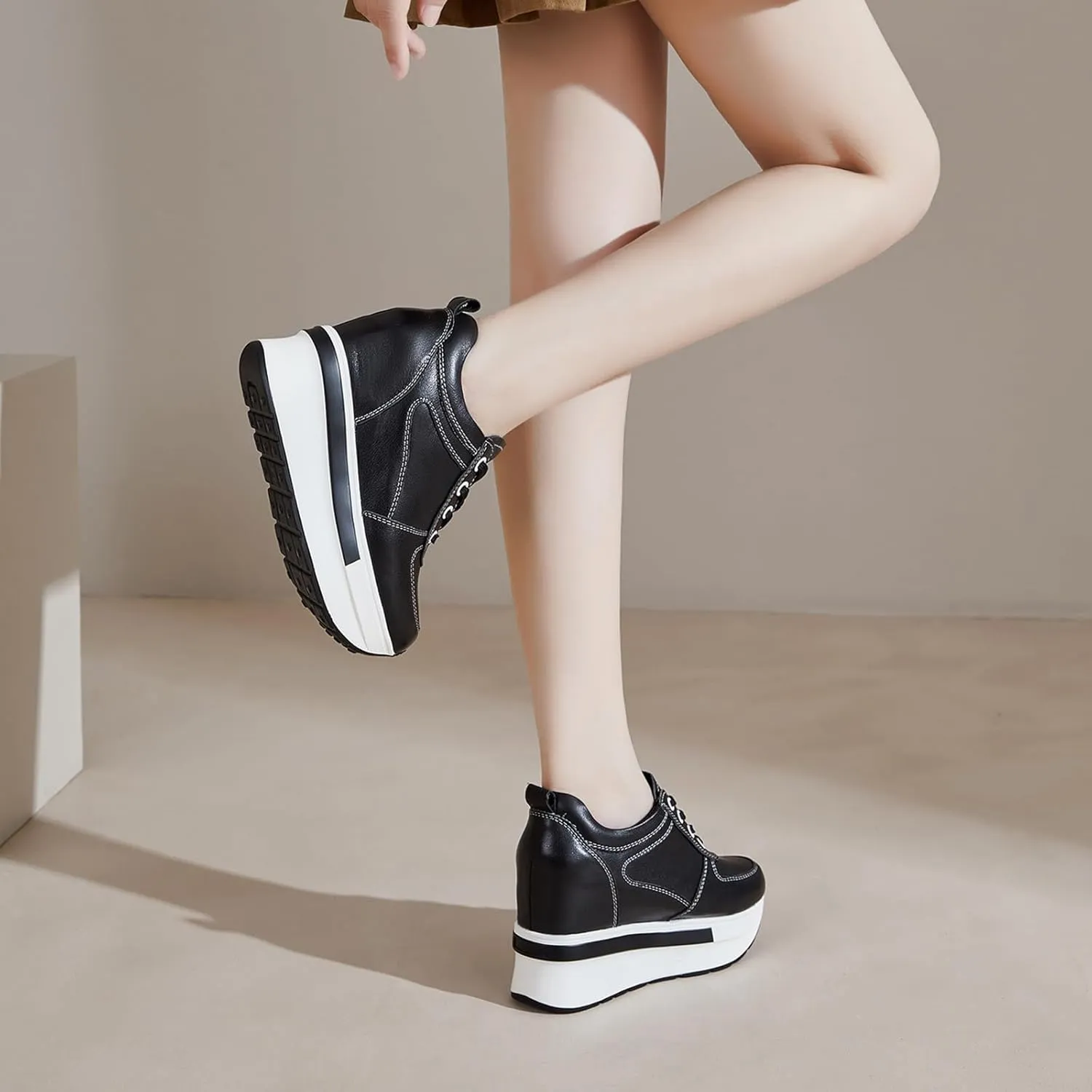 Women's Genuine Leather Wedges Sneakers Fashion Platform Lace Up Internal Height Increase Rocking Walking Shoes High Heel Wedge Sneakers for Women
