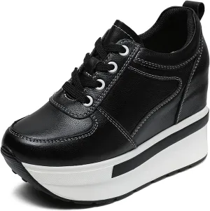 Women's Genuine Leather Wedges Sneakers Fashion Platform Lace Up Internal Height Increase Rocking Walking Shoes High Heel Wedge Sneakers for Women