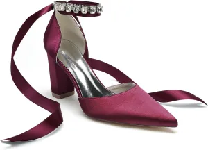 Women's High Chunky Closed Toe Block Heels Satin Crystal Wedding Party Pumps Shoes for Prom Evening Party