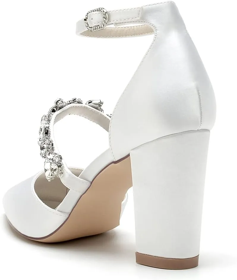 Women's High Chunky Wedding Shoes Block Heels Crystal Pump Sandals Wedding Party Pumps Shoes