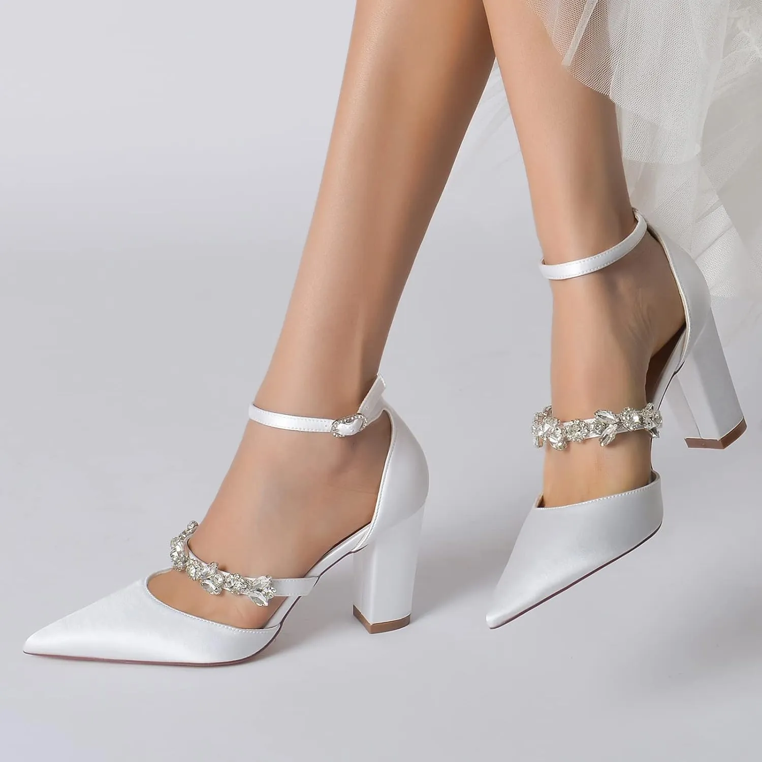 Women's High Chunky Wedding Shoes Block Heels Crystal Pump Sandals Wedding Party Pumps Shoes