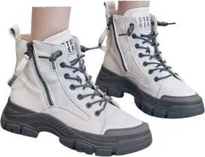 Women's High Top Lace Up Walking Shoes Sports Small White Shoes,Round Head Side Zipper Warm Casual Shoes