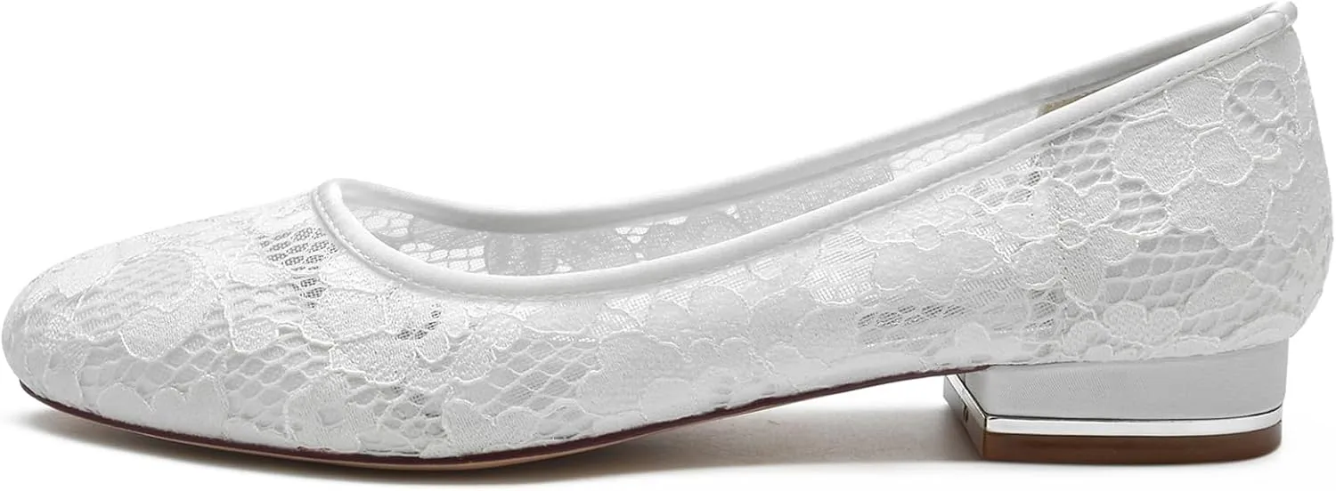 Women's Lace Wedding Shoes Closed Toe Pumps Ballet Flats Slip on Bridal Shoes Evenging Party Work Flat