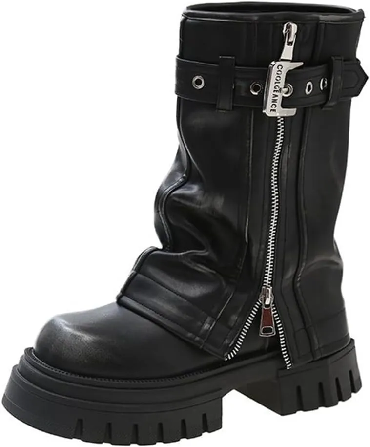 Women's Mid Calf Dress Boots Square Toe Side Zipper Motorcycle Riding Boot with Decorative Belt