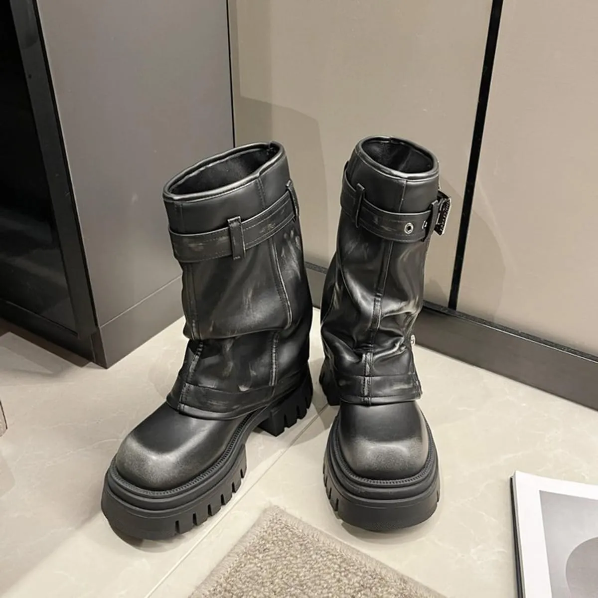 Women's Mid Calf Dress Boots Square Toe Side Zipper Motorcycle Riding Boot with Decorative Belt