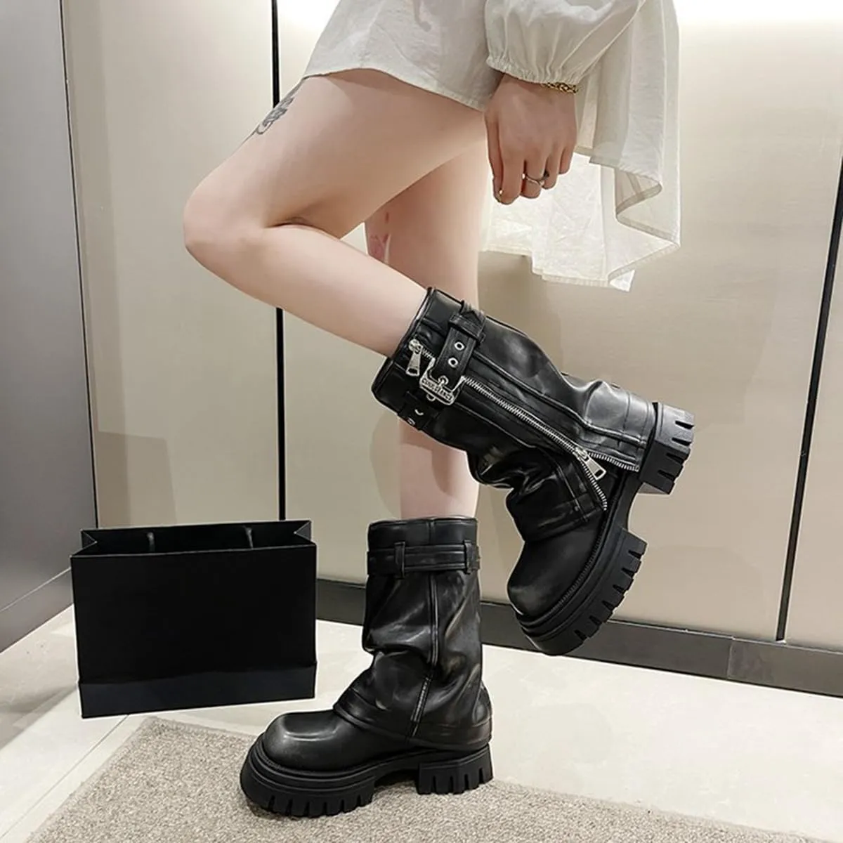Women's Mid Calf Dress Boots Square Toe Side Zipper Motorcycle Riding Boot with Decorative Belt