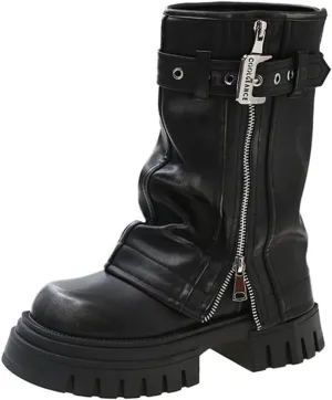 Women's Mid Calf Dress Boots Square Toe Side Zipper Motorcycle Riding Boot with Decorative Belt
