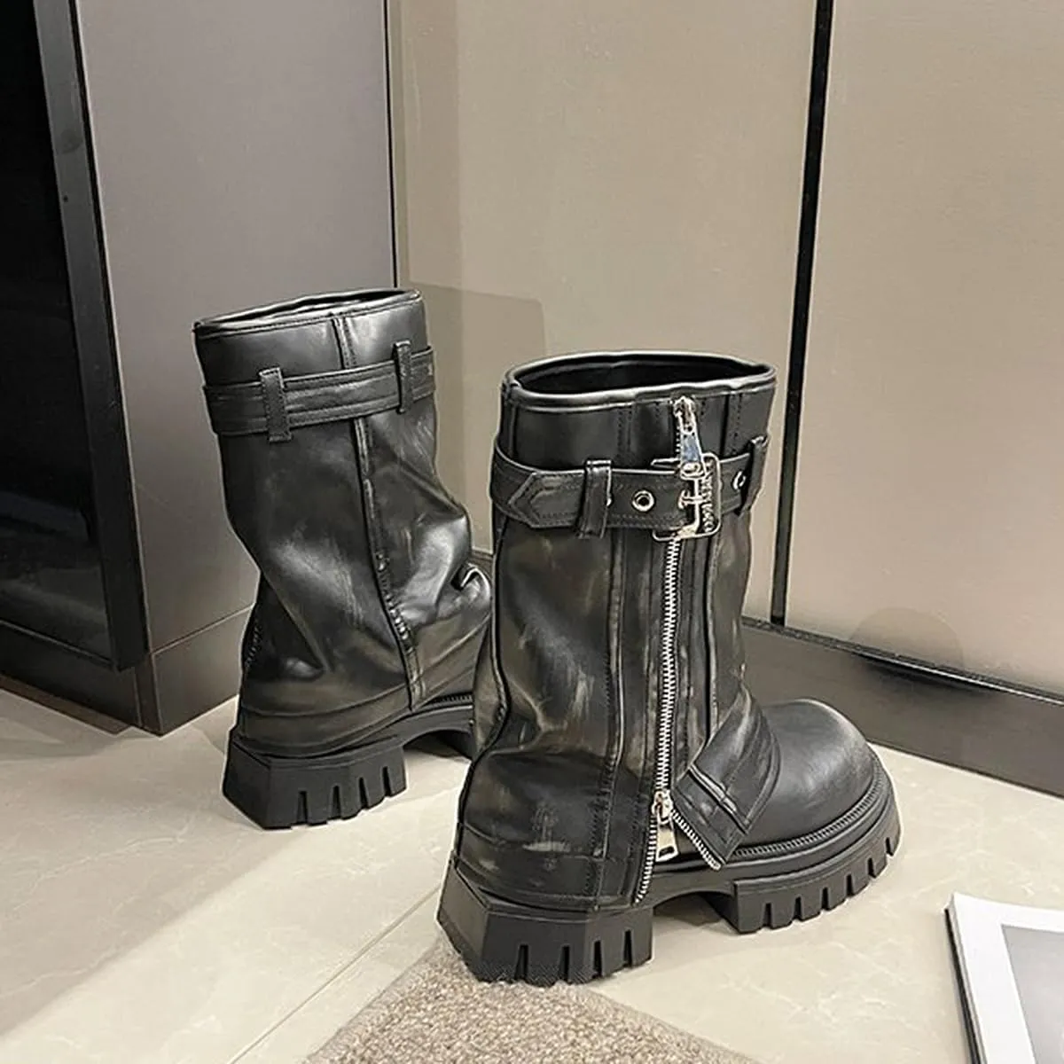 Women's Mid Calf Dress Boots Square Toe Side Zipper Motorcycle Riding Boot with Decorative Belt