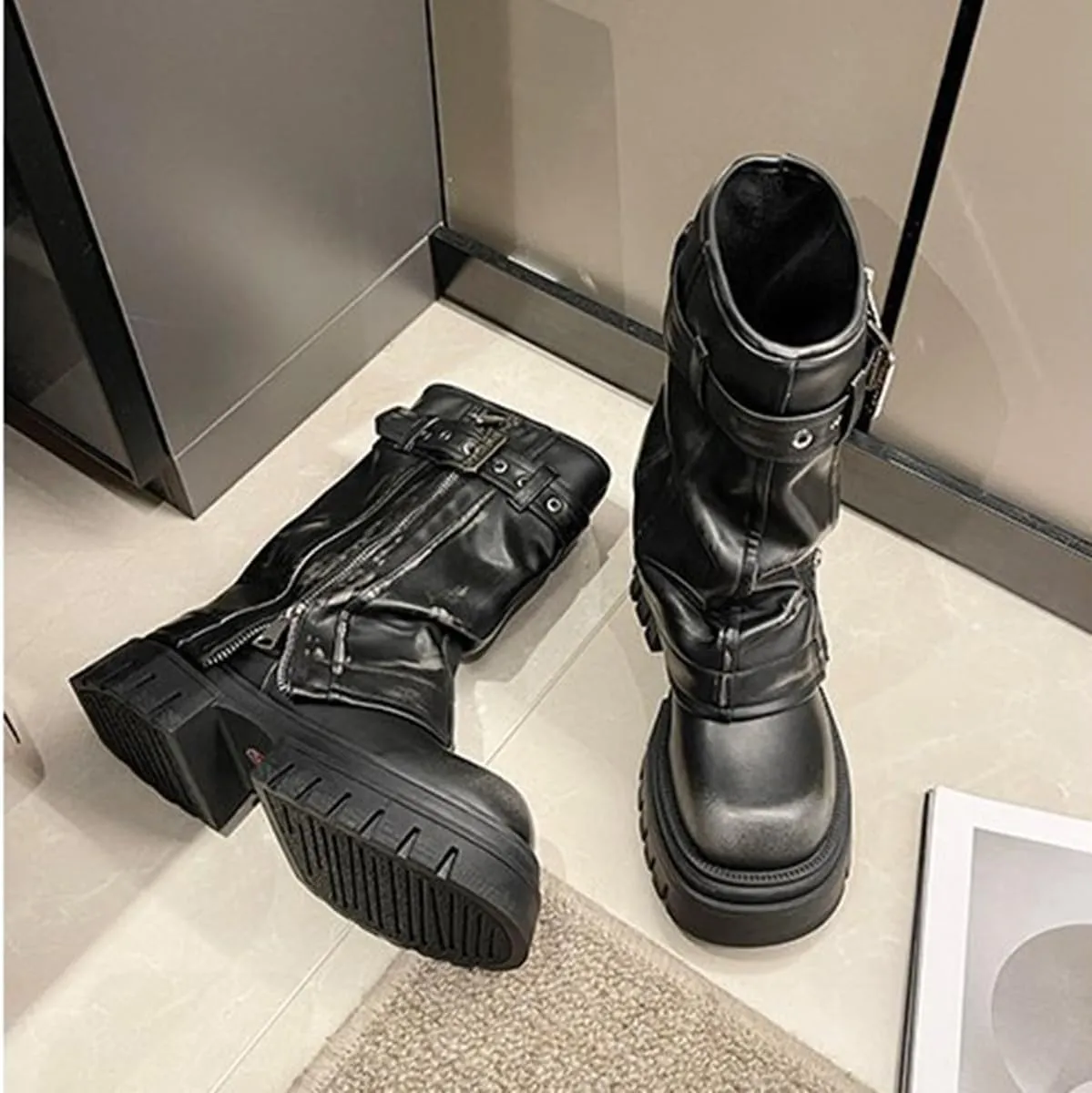 Women's Mid Calf Dress Boots Square Toe Side Zipper Motorcycle Riding Boot with Decorative Belt