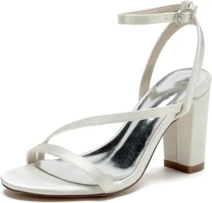 Women's Open Toe Chunky Block High Heels Satin Slingback Wedding Pumps Prom Evening Party Dress Shoes Sandal for Summer