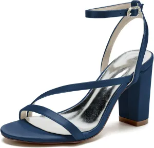 Women's Open Toe Chunky Block High Heels Satin Slingback Wedding Pumps Prom Evening Party Dress Shoes Sandal for Summer