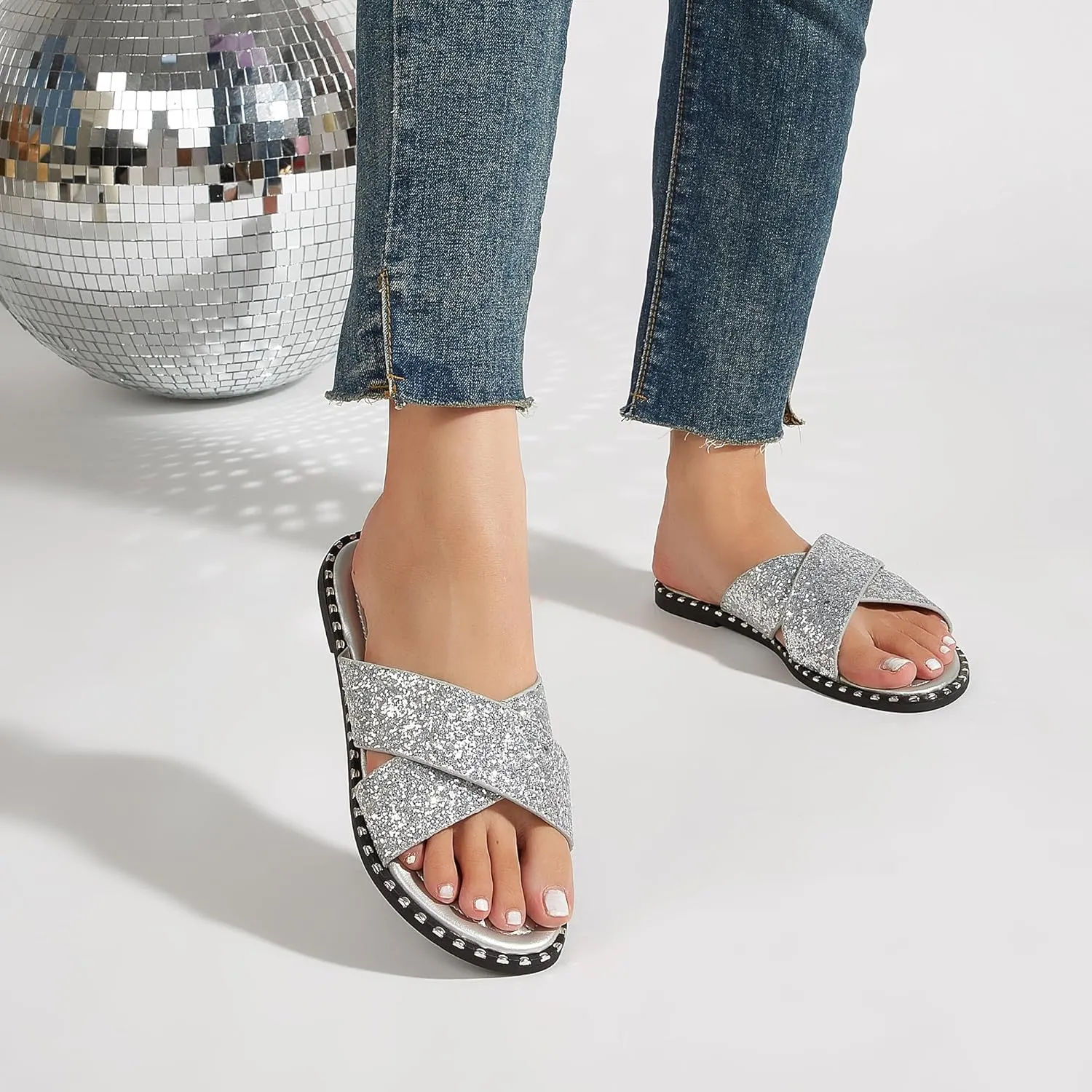 Women's Open Toe Flat Sandals Rhinestone Glitter On Casual Fashion Slippers Quick Drying Indoor & Outdoor Slides