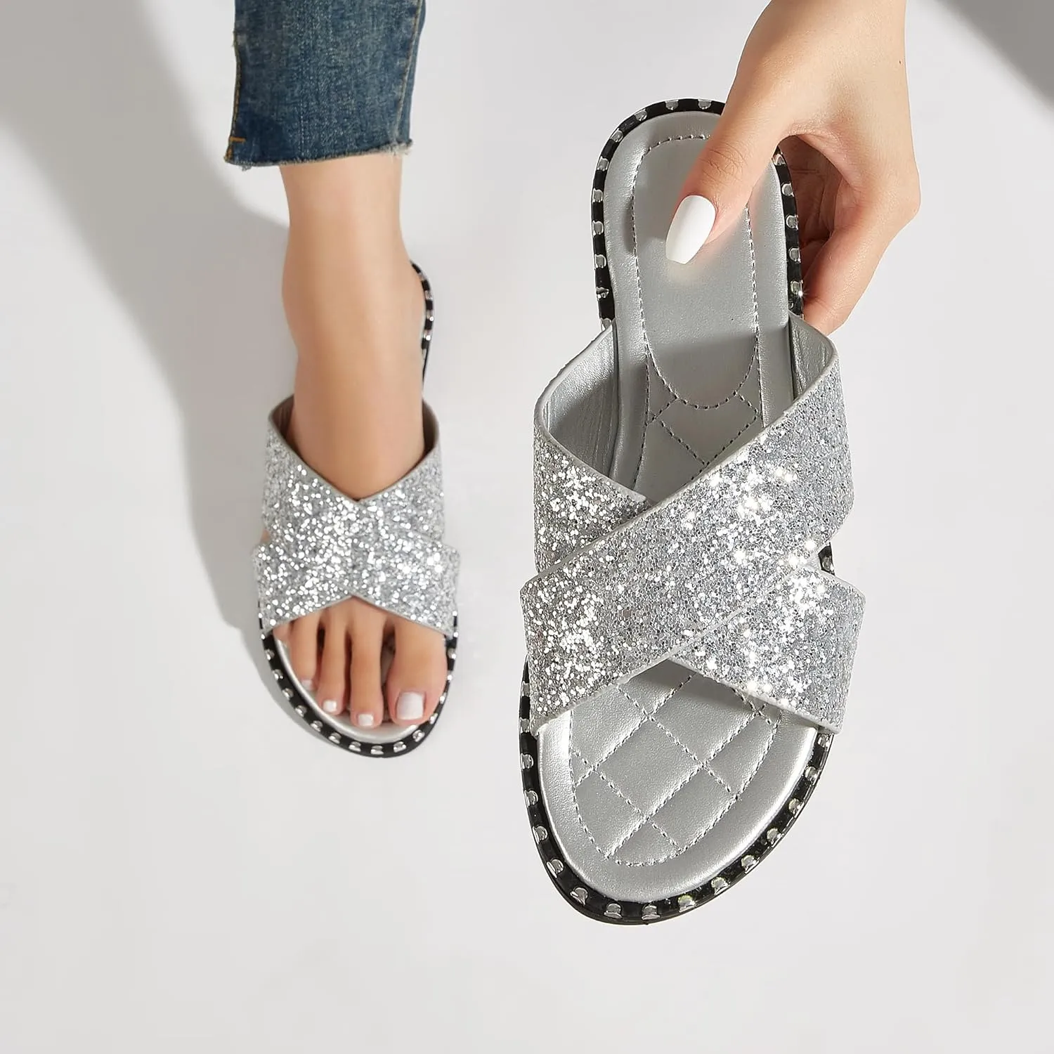 Women's Open Toe Flat Sandals Rhinestone Glitter On Casual Fashion Slippers Quick Drying Indoor & Outdoor Slides