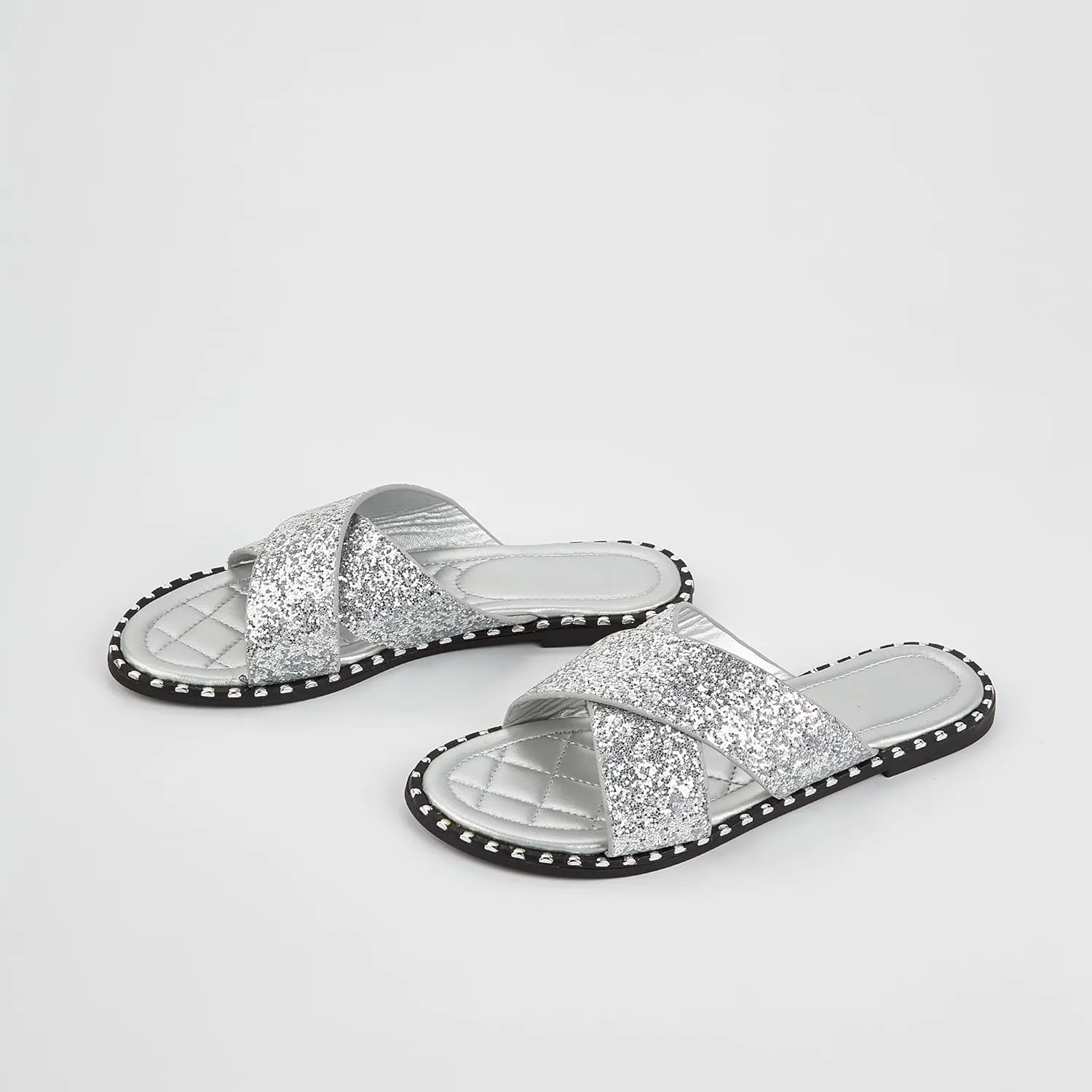 Women's Open Toe Flat Sandals Rhinestone Glitter On Casual Fashion Slippers Quick Drying Indoor & Outdoor Slides